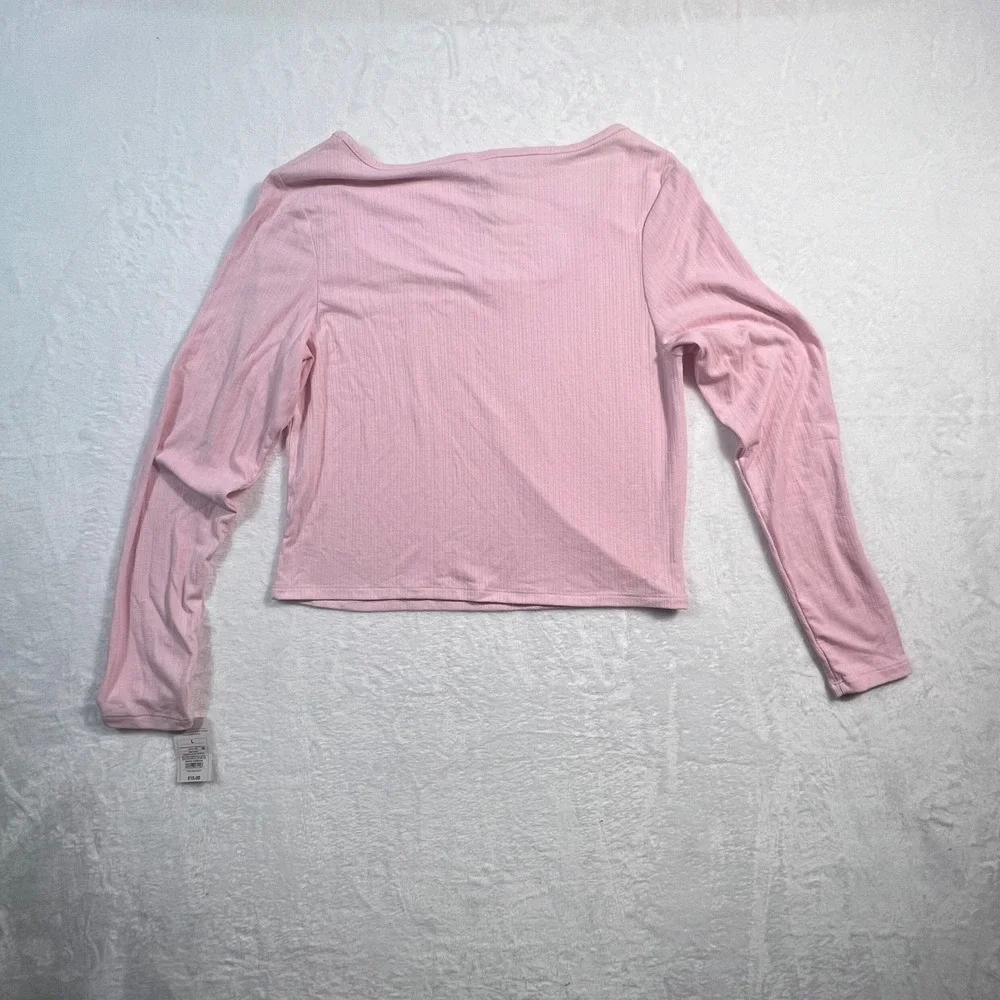 Auden Pink Ribbed Long Sleeve Pajama Top Square Neck Bow Size Large NEW